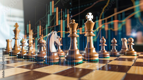 On a chessboard, pieces strategize amidst the highs and lows of stock graphs, blending the art of war with finance, super realistic