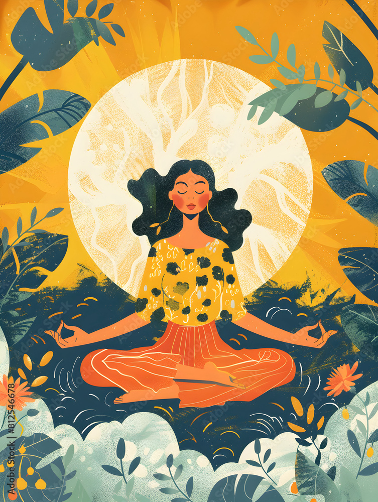 Woman meditating flat style illustration, meditation outdoor Woman meditating flat style illustration, meditation outdoor