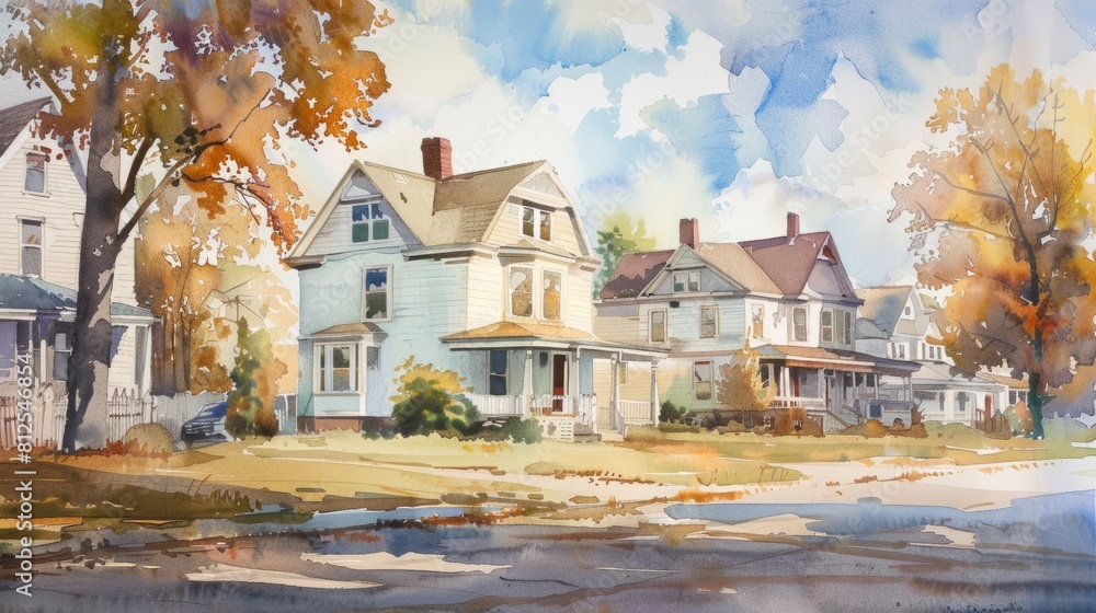 A painting of a neighborhood with houses and trees. The mood of the painting is peaceful and serene