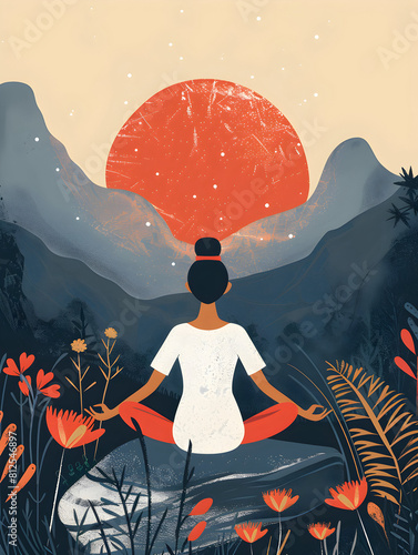 Woman meditating flat style illustration, meditation outdoor