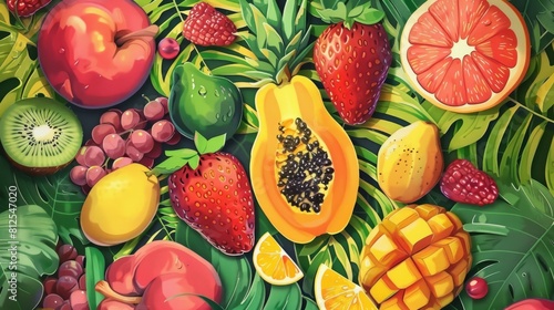 Tropical paradise-themed summer fruit poster with lush illustrations and exotic typography