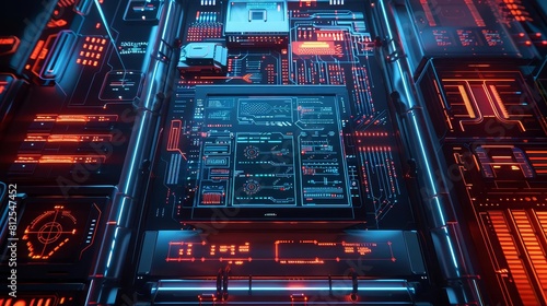 The image is a circuit board. The colors are red, blue, and black. The circuit board is a computer component that connects different parts of the computer. photo