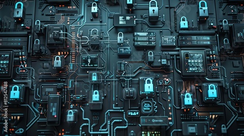 A circuit board with many padlocks on it. The background is dark blue. The image is about computer security.