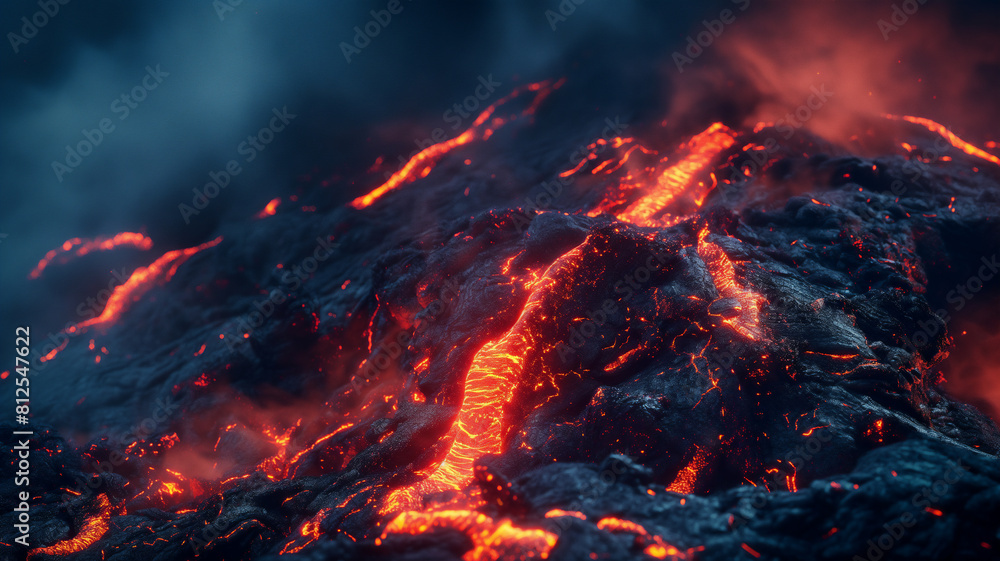 Molten lava flowing over dark volcanic rock, glowing red and orange with intense heat, creating a dramatic, fiery scene.