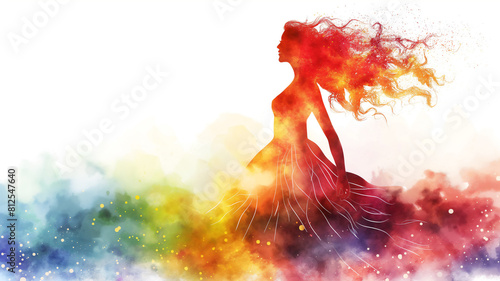 Silhouette of a woman with flowing hair in vibrant watercolor hues, symbolizing creativity and freedom against a white background.