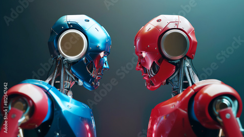 Two futuristic robots, one blue and one red, facing each other in a confrontational stance, symbolizing a technological showdown. photo