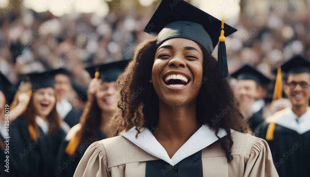 young black woman in cap and gown laughing, with a crowd of graduates ...