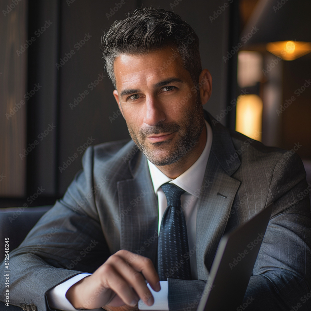 attractive man , short black hair and beard in office suit , business inspired style attractive man , short black hair and beard in office suit , business inspired style