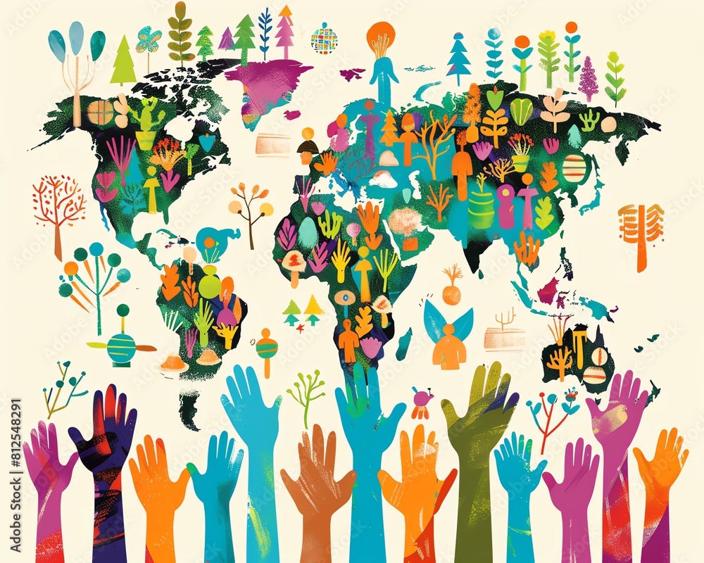 A colorful illustration of hands reaching up to support the world A colorful illustration of hands reaching up to support the world