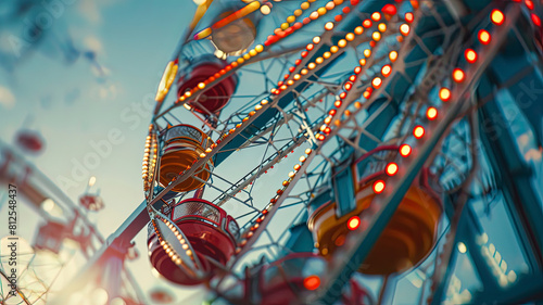 close up of a ferris wheel, blurred attractions background, ferris wheel in the park