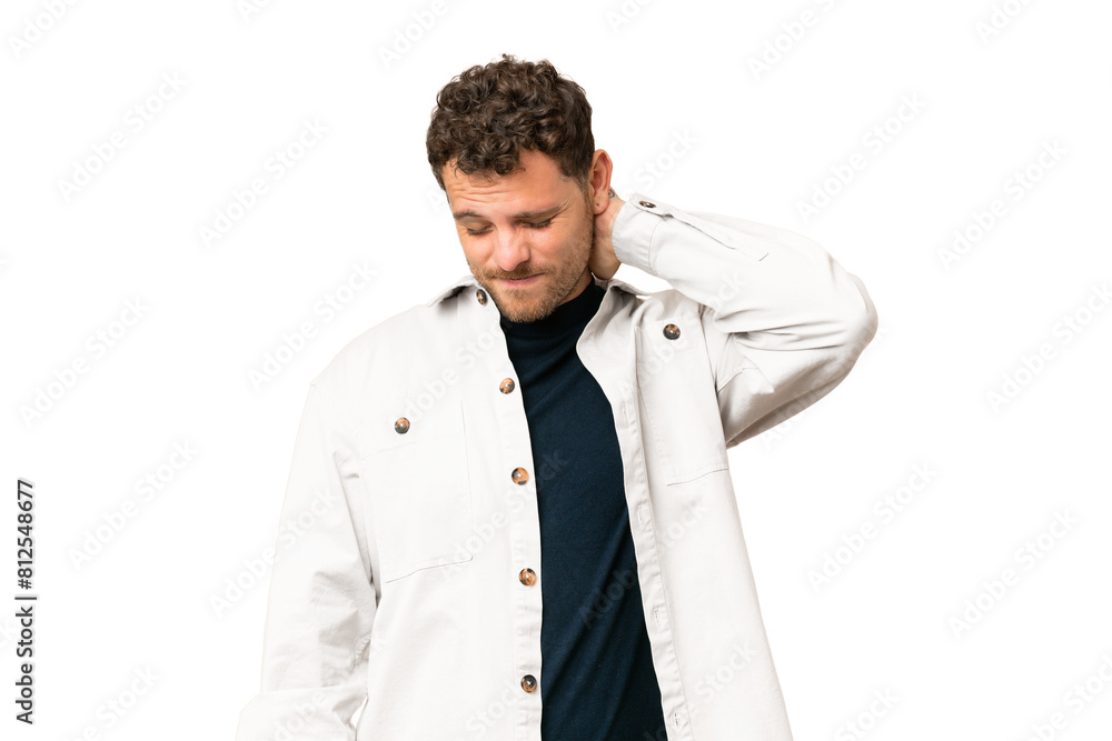 Brazilian man over isolated chroma key background with neckache Brazilian man over isolated chroma key background with neckache
