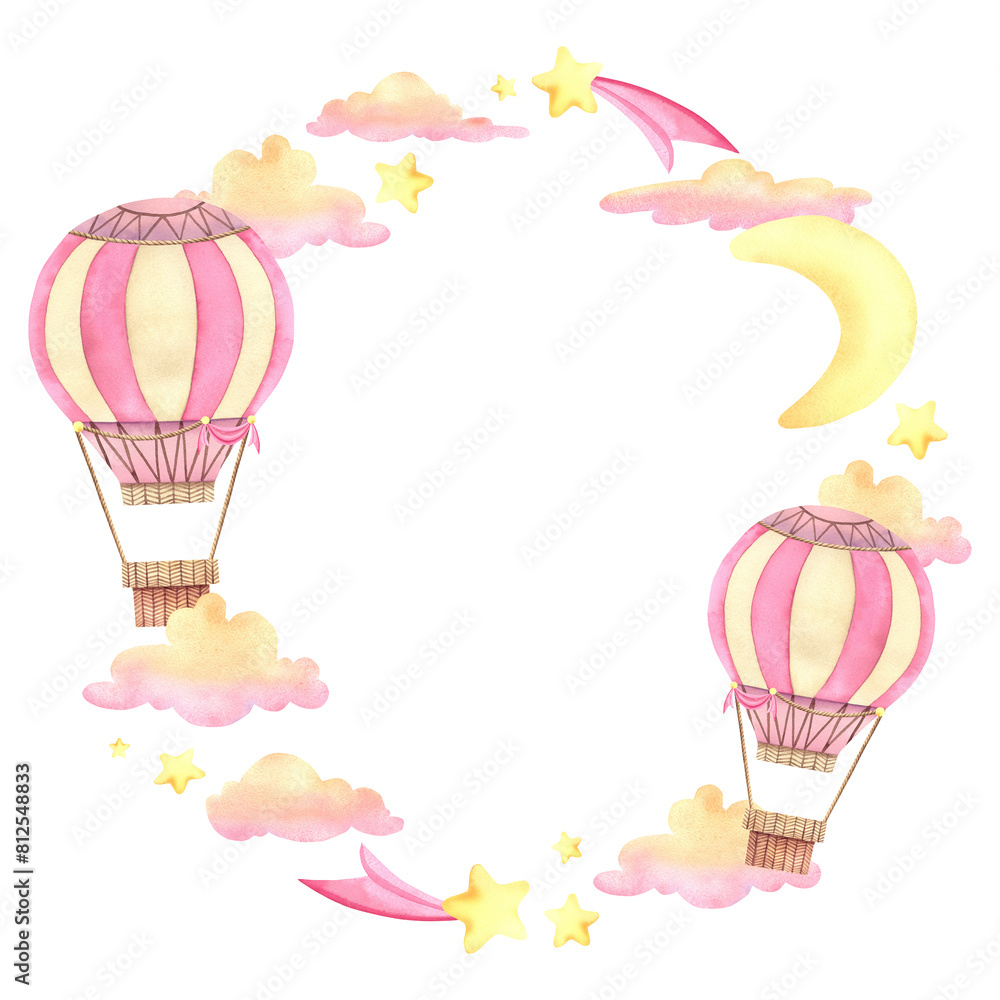 Pink balloons, crescent moon, clouds and stars. Watercolor illustration hand painted. Gender party. Watercolor frame with isolated elements for children's goods, postcards and a children's room. Pink balloons, crescent moon, clouds and stars. Watercolor illustration hand painted. Gender party. Watercolor frame with isolated elements for children's goods, postcards and a children's room.