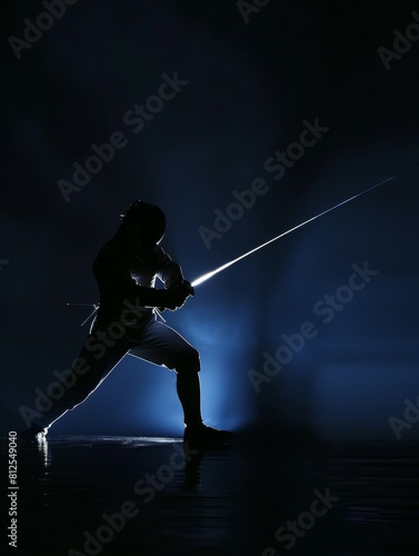 A striking of a fencer in the heat of competition  executing a graceful lunge. The tip of their saber emits an ethereal glow  adding a unique touch to this dynamic scene. Perfect for modern designs