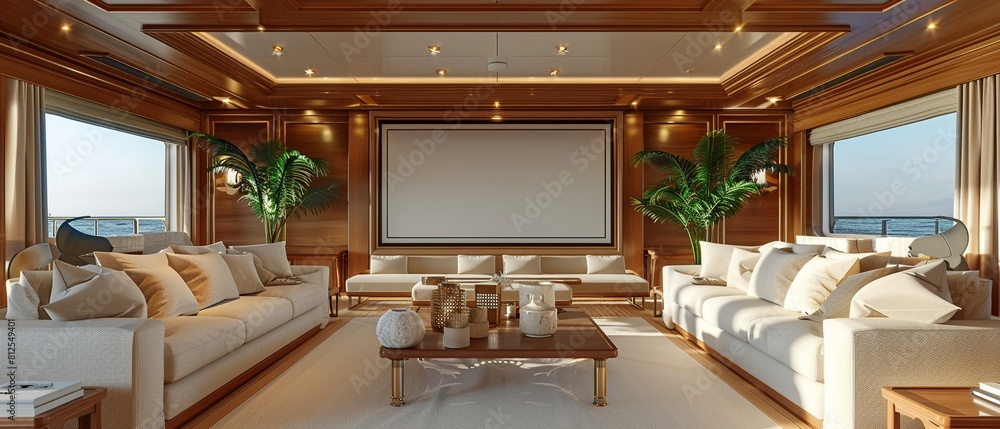 A lavish yacht interior with elegant decor and a blank frame on a ...