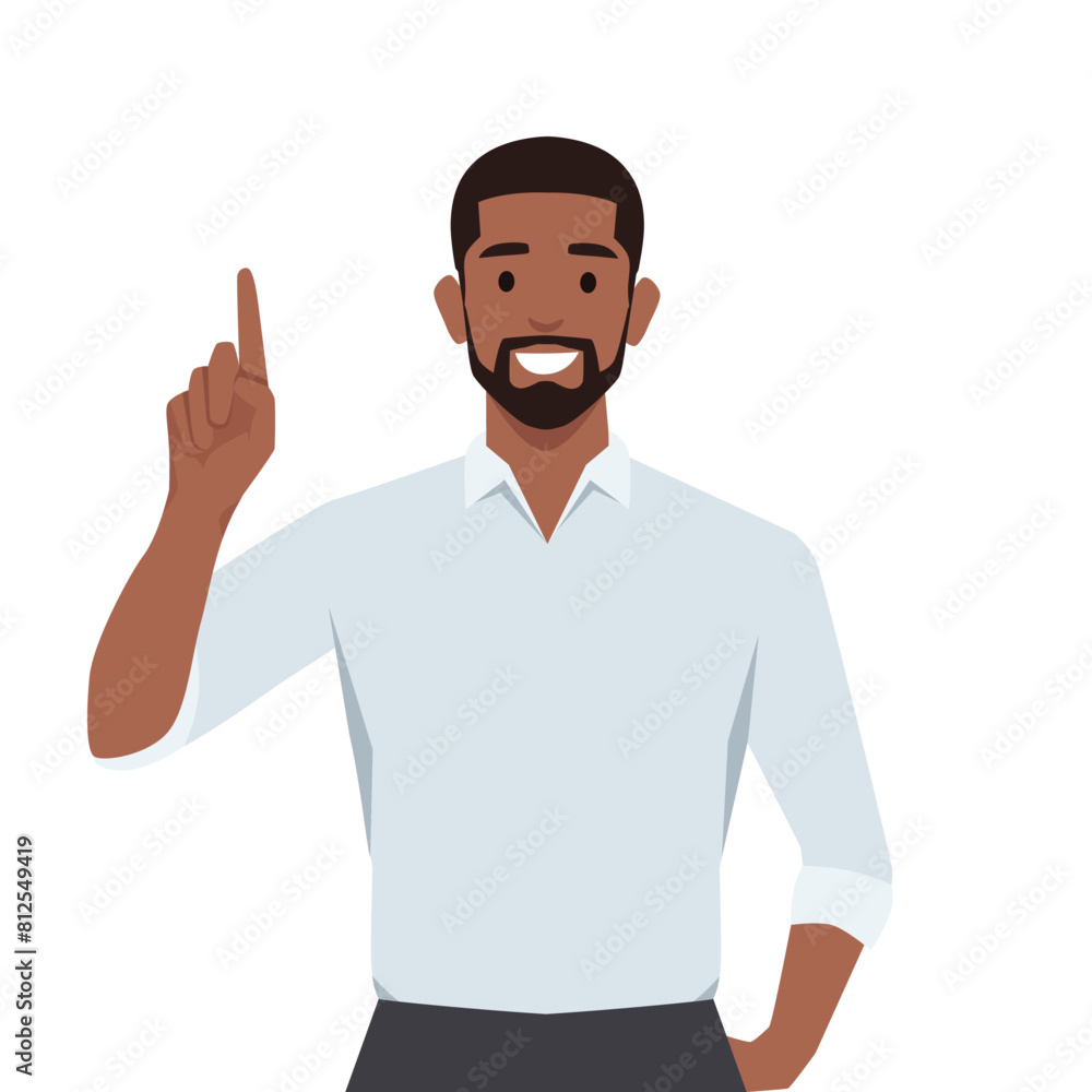 Happy young business man pointing up. Light bulb representing idea. Flat vector illustration isolated on white background Happy young business man pointing up. Light bulb representing idea. Flat vector illustration isolated on white background