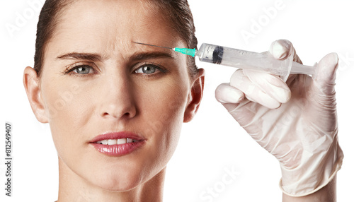 Woman, face and syringe in hand with glove for dermatology, skincare and beauty for anti age, injection or facial. Young person, frown and portrait for plastic surgery or medical aesthetic