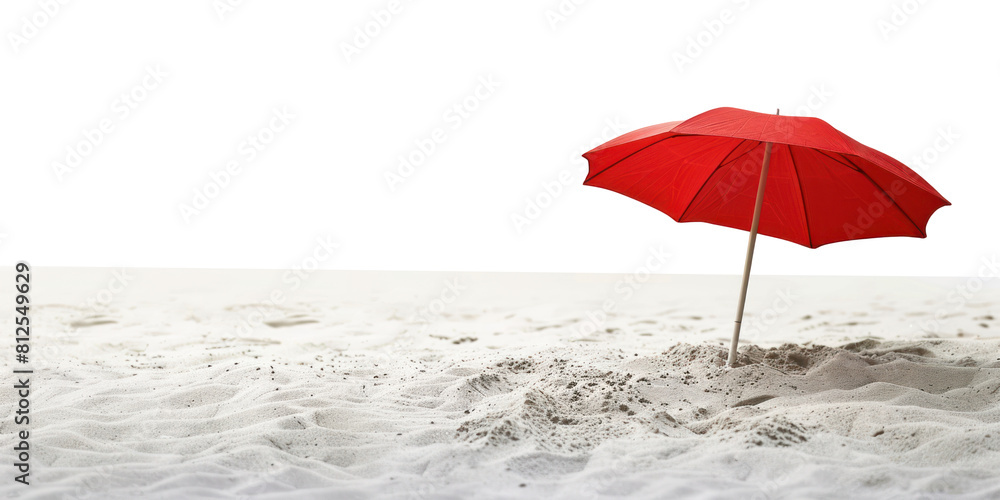 A red parasol is stuck in the sand on the beach, transparent background and horizon