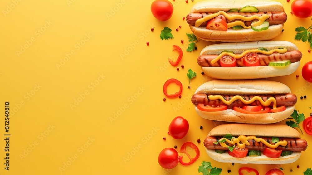 This captivating hot dog concept design features a vibrant, colorful, and abstract take on a classic dish. It includes blank space for text, making it an ideal choice for menus, packaging, or