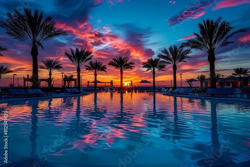 The sunset is reflected on the surface of the pool. Silhouettes of palm trees and sun loungers against a colorful sky.