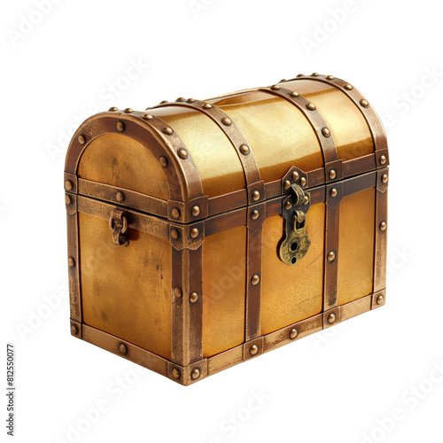 Old golden treasure box isolated on white background
