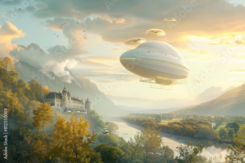 Overlooking a quiet valley, a luxurious airship hotel floats gently in the sky, offering guests a serene escape with stateoftheart comfort and a skyhigh view