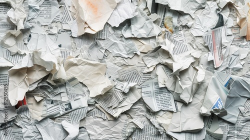 Abstract background with assorted crumpled papers and newspaper clippings in disarray, creating a textured collage effect. photo