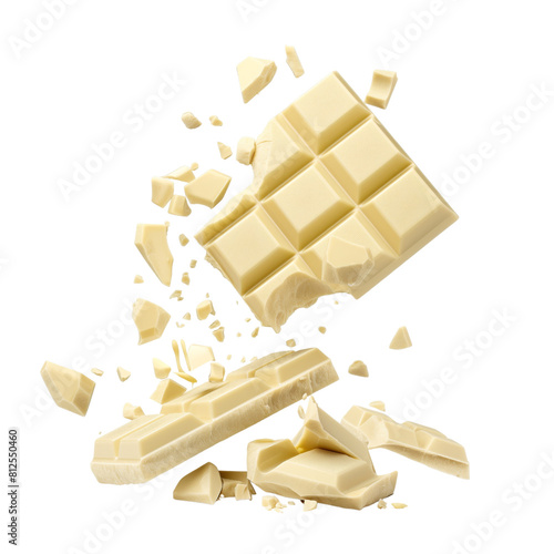 Broken white chocolate bar pieces falling isolated on white background.