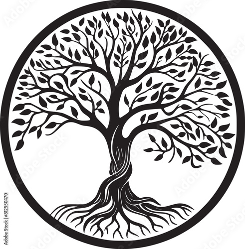 line art nature logo vector design oak tree inside circle, abstract tree logo symbol inside circle