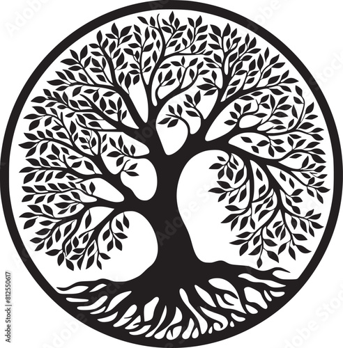line art nature logo vector design oak tree inside circle, abstract tree logo symbol inside circle