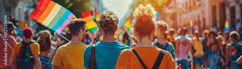 A group at a pride parade representing mental health awareness, carrying placards with messages of support and wearing tshirts with inspirational quotes photo