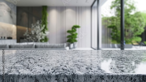 Marble countertop with blurred interior background.