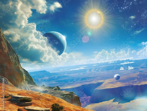 Fantasy extraterrestrial landscape with dramatic sky, celestial bodies, and rocky terrain
