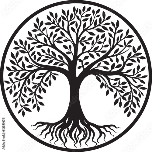 line art nature logo vector design oak tree inside circle, abstract tree logo symbol inside circle