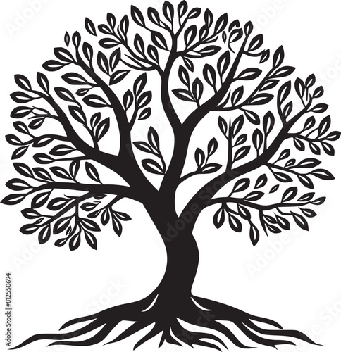 line art nature logo vector design oak tree inside circle, abstract tree logo symbol inside circle