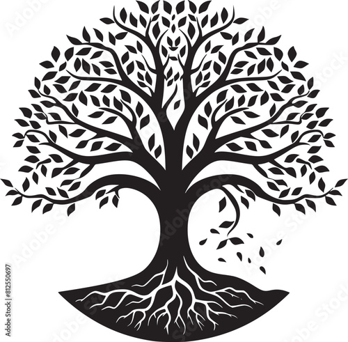 line art nature logo vector design oak tree inside circle, abstract tree logo symbol inside circle