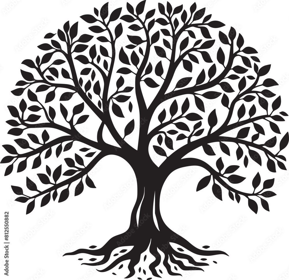 line art nature logo vector design oak tree inside circle, abstract tree logo symbol inside circle