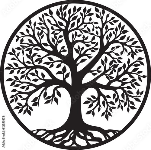 line art nature logo vector design oak tree inside circle  abstract tree logo symbol inside circle