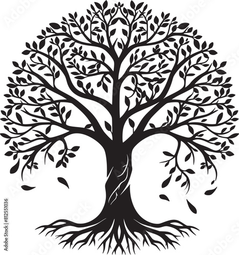 line art nature logo vector design oak tree inside circle, abstract tree logo symbol inside circle