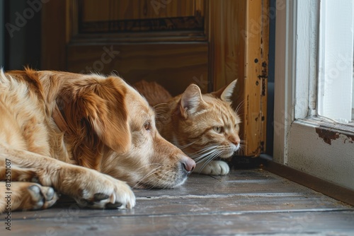 A golden retriever and a tabby cat lay together on the hardwood floor