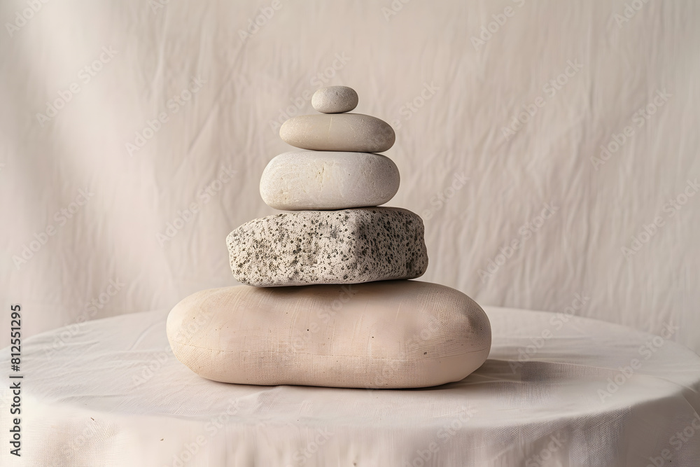 Empty stack of stones platform podium on beige background. Minimal empty display product presentation scene tage pedestal or platform. Generative Ai. Empty stack of stones platform podium on beige background. Minimal empty display product presentation scene tage pedestal or platform. Generative Ai.