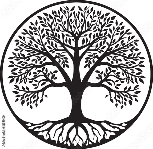 line art nature logo vector design oak tree inside circle, abstract tree logo symbol inside circle