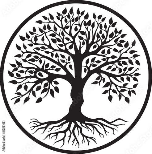 line art nature logo vector design oak tree inside circle, abstract tree logo symbol inside circle