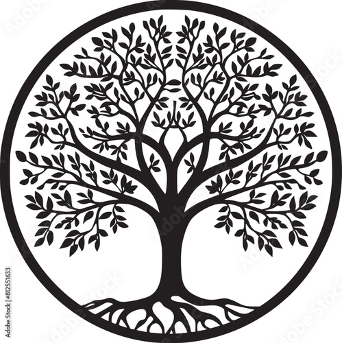 line art nature logo vector design oak tree inside circle, abstract tree logo symbol inside circle