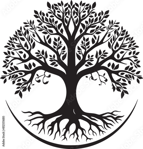 line art nature logo vector design oak tree inside circle, abstract tree logo symbol inside circle