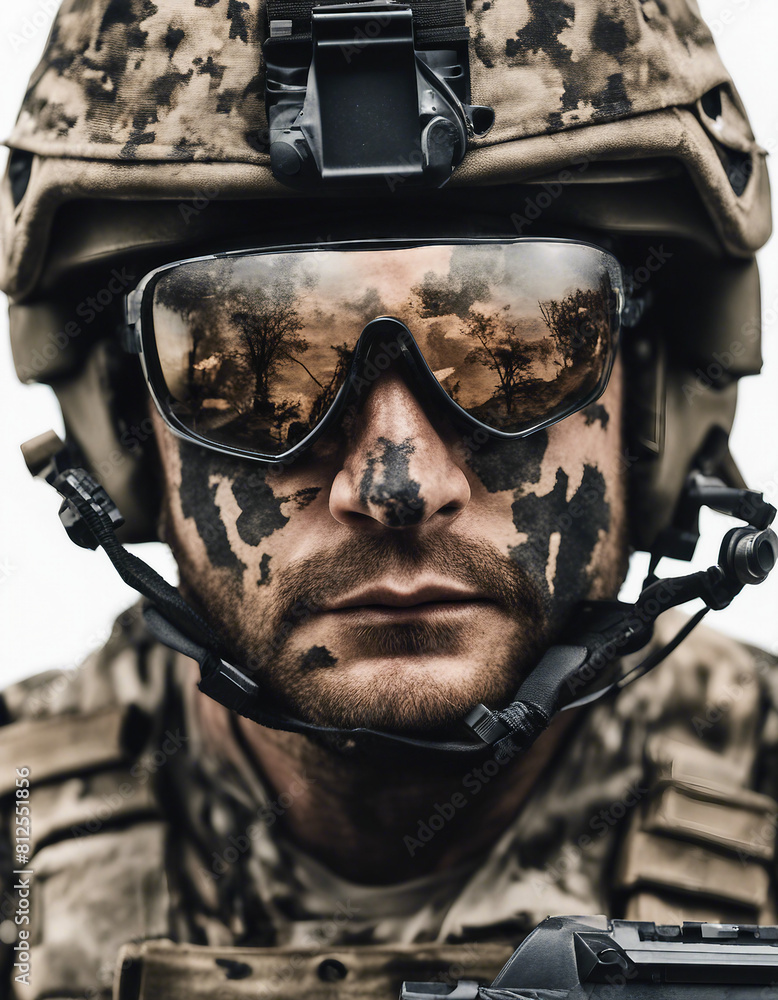 portrait of American commando with camouflaged face, isolated white background.
portrait of American commando with camouflaged face, isolated white background.