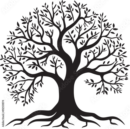 line art nature logo vector design oak tree inside circle, abstract tree logo symbol inside circle
