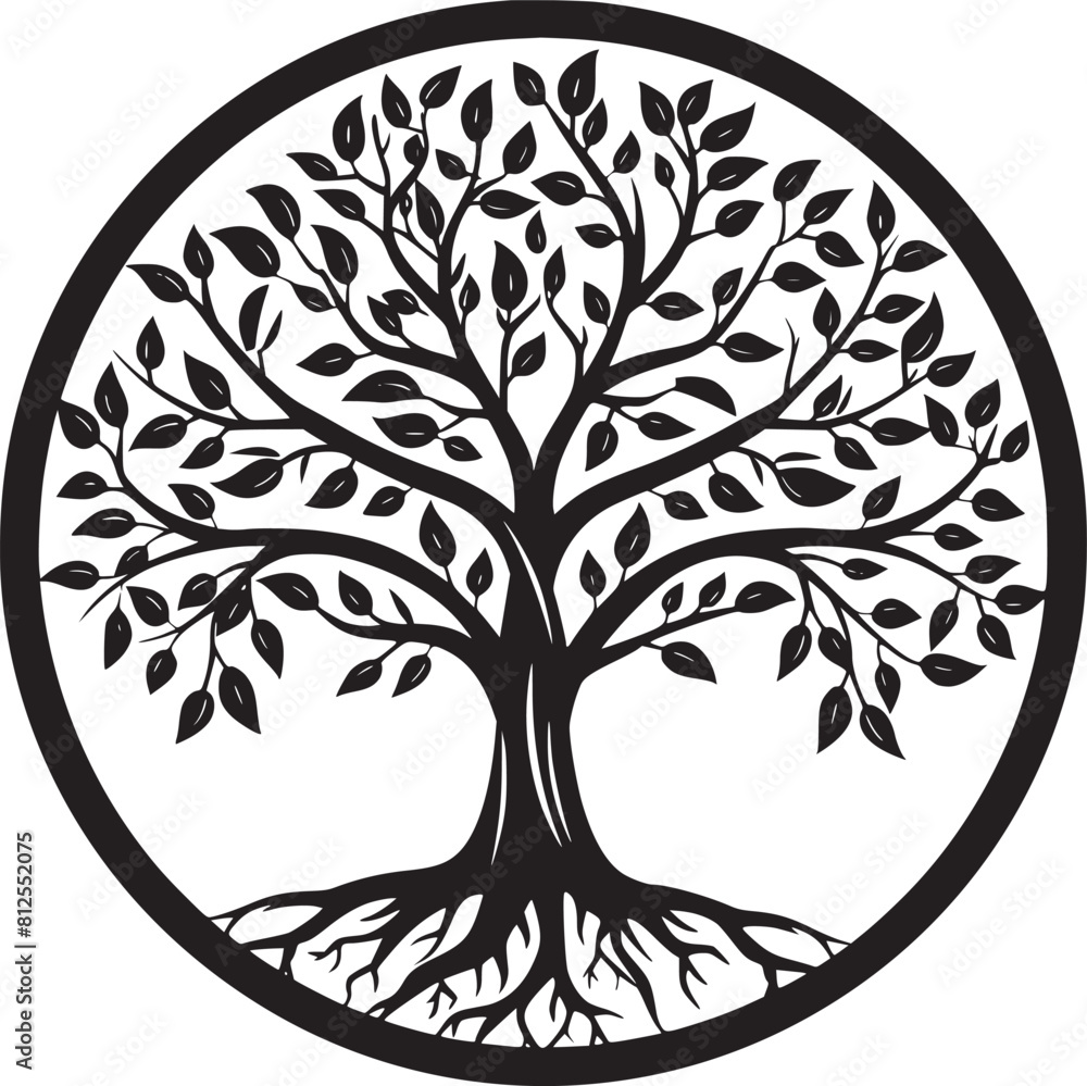 Obraz premium line art nature logo vector design oak tree inside circle, abstract tree logo symbol inside circle