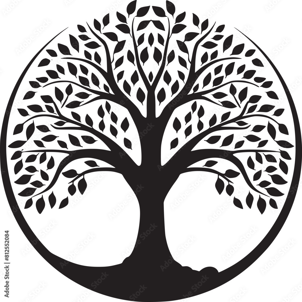 Obraz premium line art nature logo vector design oak tree inside circle, abstract tree logo symbol inside circle