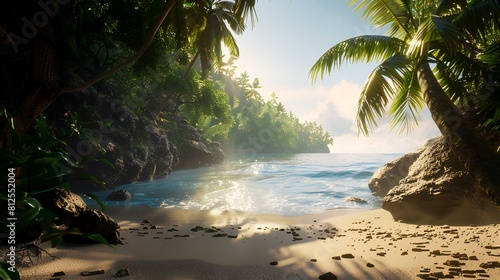 Tropical beach with rocks and palm trees at Seychelles