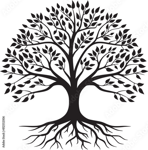 line art nature logo vector design oak tree inside circle, abstract tree logo symbol inside circle